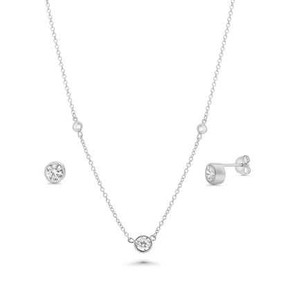 925 Sterling Silver Rhodium Plated Clear Individual CZ Stud Earring and Bezel Chain Necklace Set