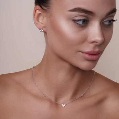 925 Sterling Silver Rhodium Plated Clear Individual CZ Stud Earring and Bezel Chain Necklace Set