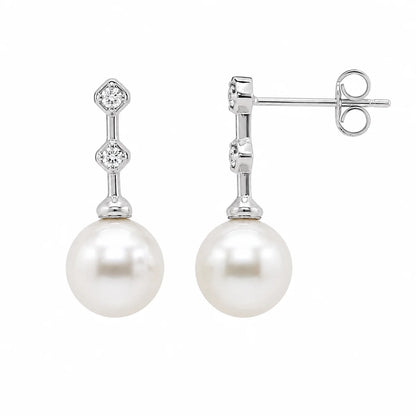 925 Sterling Silver Final Price- Rhodium Plated Pearl Drop & Clear CZ Hanging Stud Earring and Necklace Set
