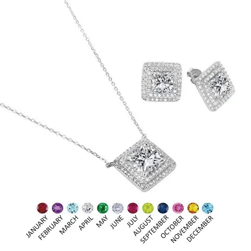 925 Sterling Silver Rhodium Plated Square CZ Cluster Birthstone Set