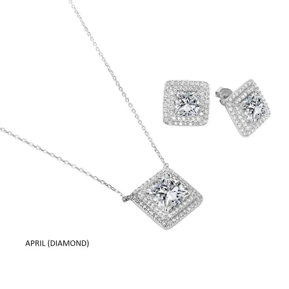 925 Sterling Silver Rhodium Plated Square CZ Cluster Birthstone Set