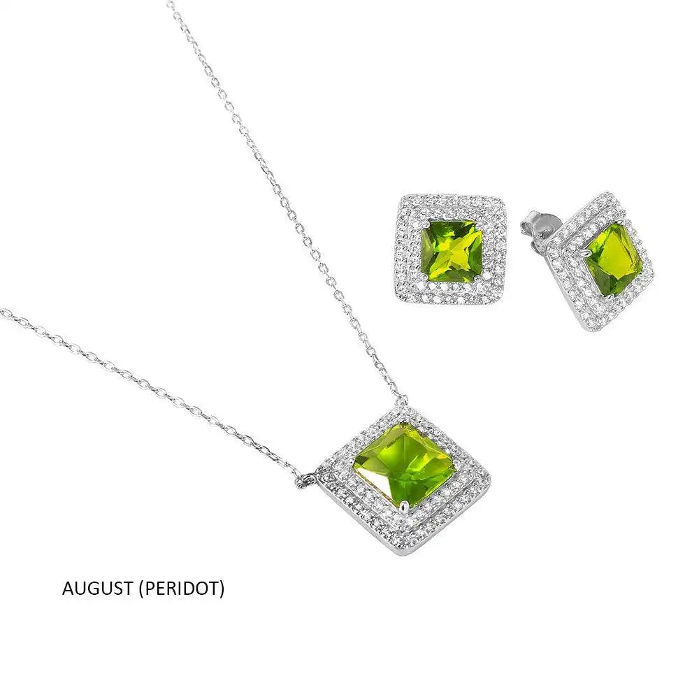 925 Sterling Silver Rhodium Plated Square CZ Cluster Birthstone Set