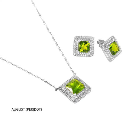 925 Sterling Silver Rhodium Plated Square CZ Cluster Birthstone Set