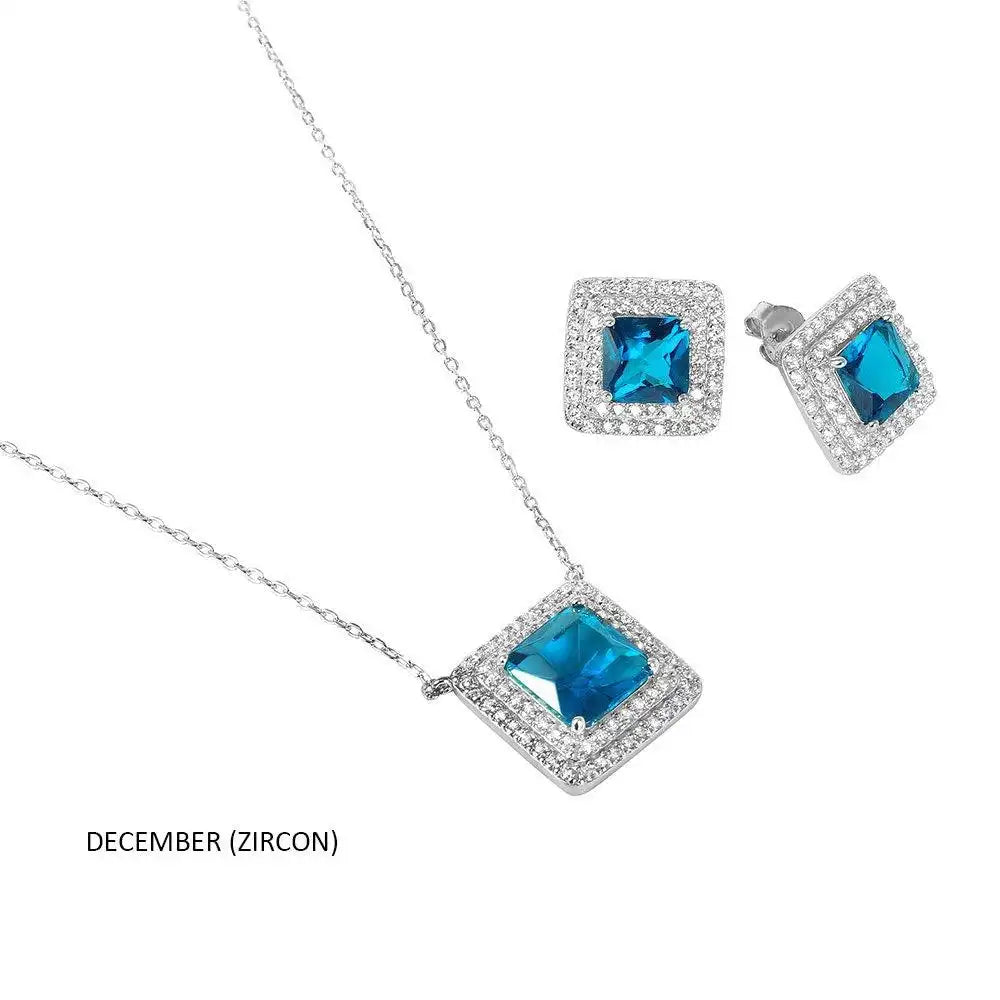 925 Sterling Silver Rhodium Plated Square CZ Cluster Birthstone Set