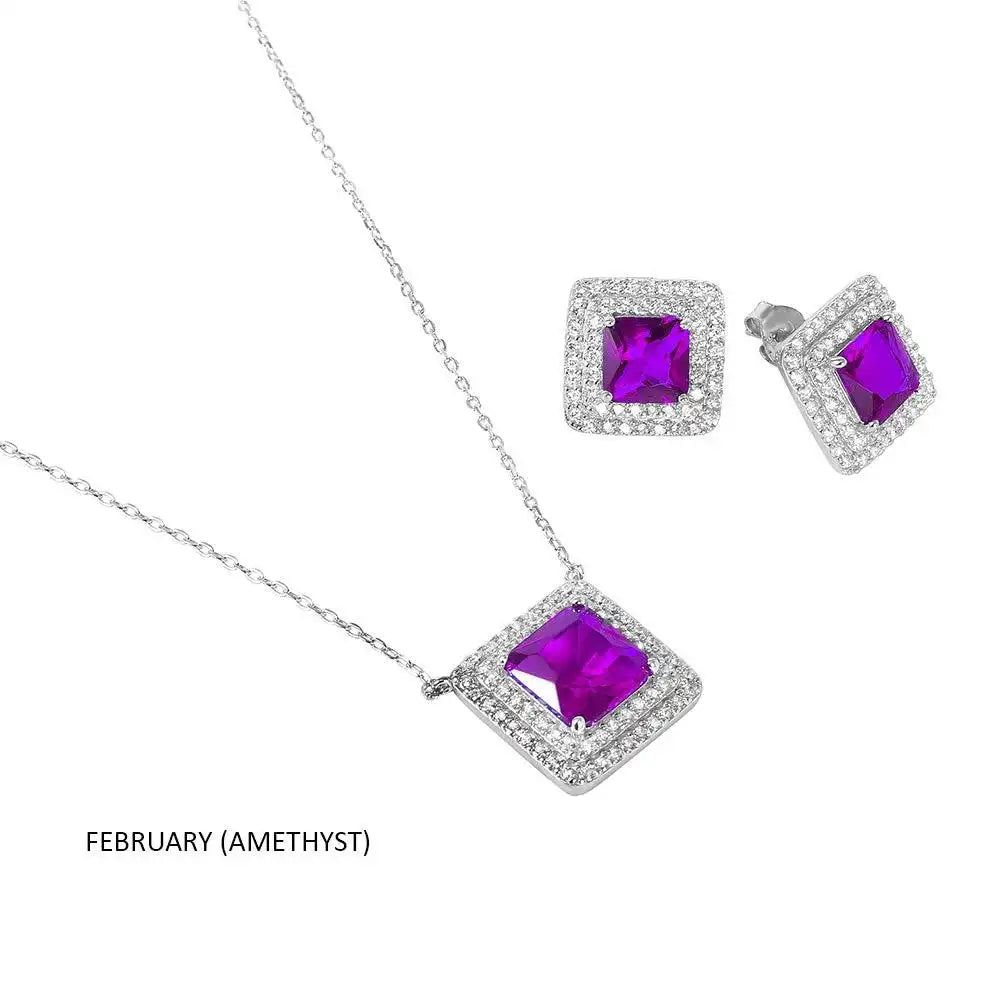 925 Sterling Silver Rhodium Plated Square CZ Cluster Birthstone Set