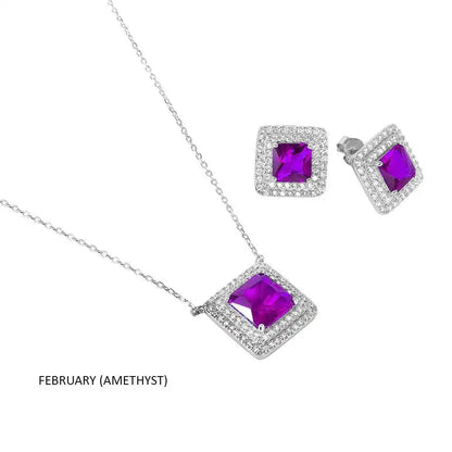 925 Sterling Silver Rhodium Plated Square CZ Cluster Birthstone Set