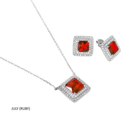 925 Sterling Silver Rhodium Plated Square CZ Cluster Birthstone Set