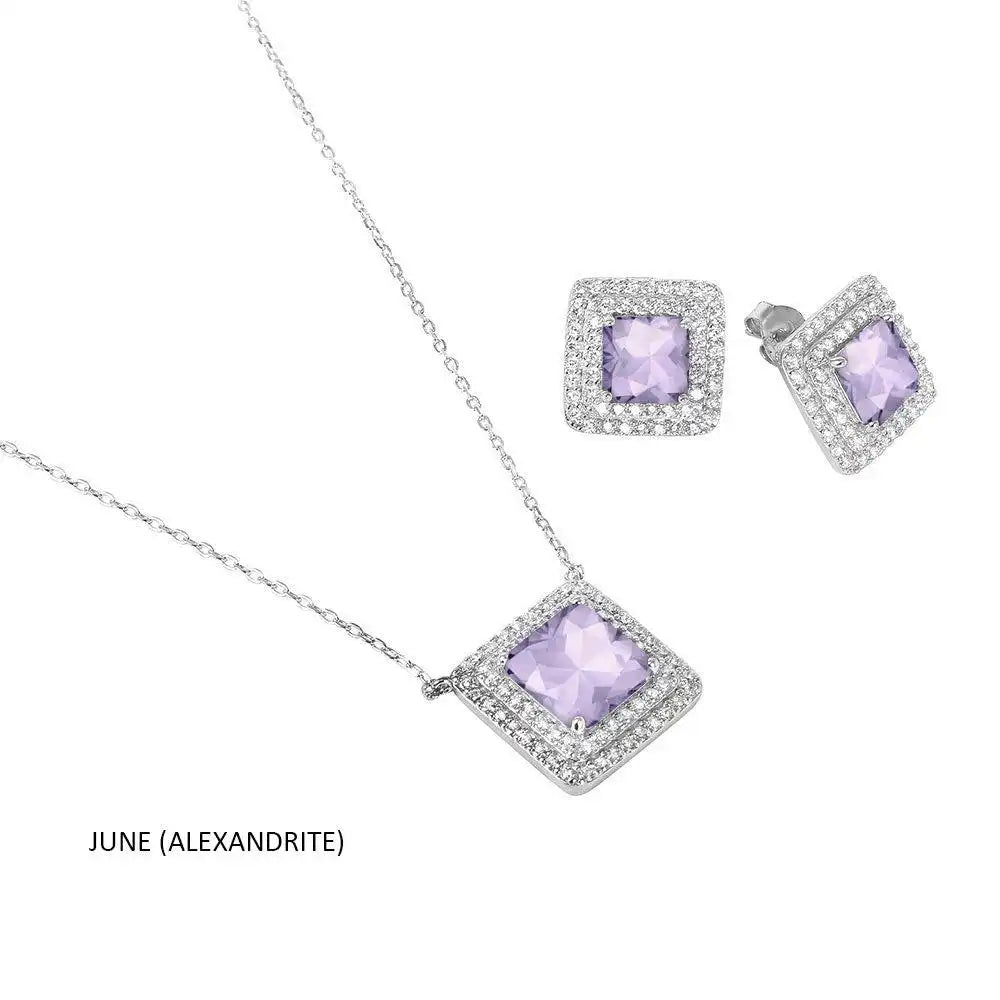 925 Sterling Silver Rhodium Plated Square CZ Cluster Birthstone Set