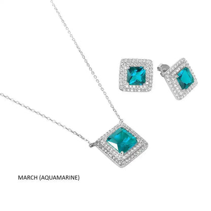 925 Sterling Silver Rhodium Plated Square CZ Cluster Birthstone Set