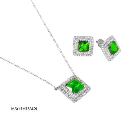 925 Sterling Silver Rhodium Plated Square CZ Cluster Birthstone Set