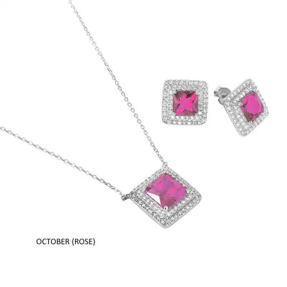 925 Sterling Silver Rhodium Plated Square CZ Cluster Birthstone Set