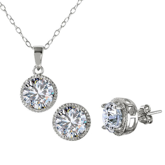 925 Silver Rhodium Plated Halo Design CZ Set