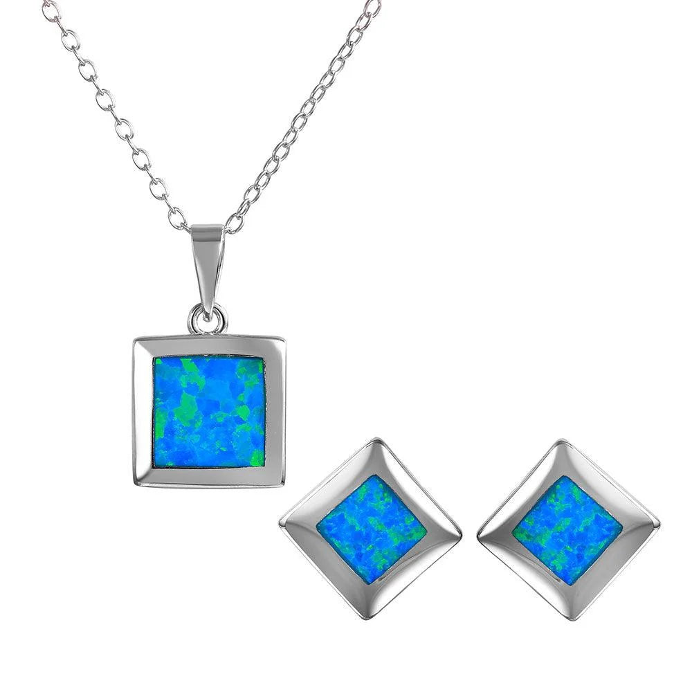 925 Silver Square Blue Synthetic Opal Set