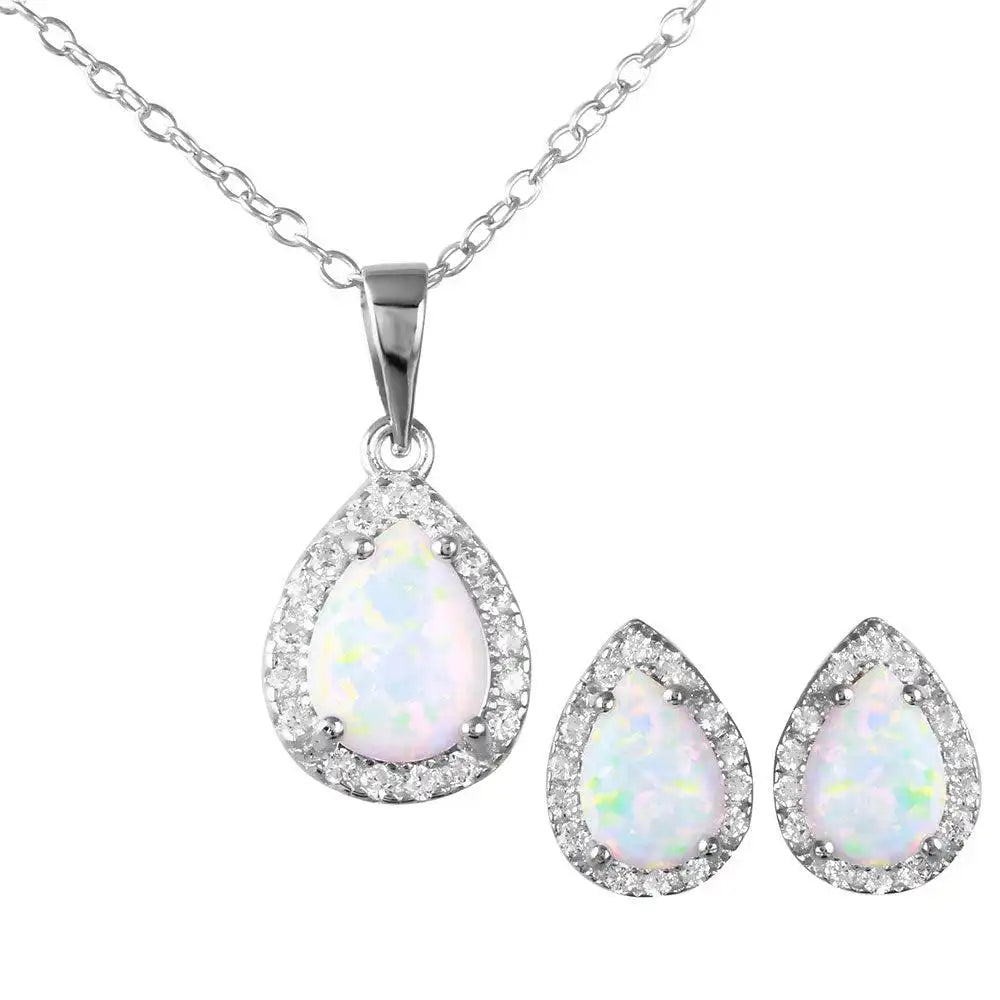 925 Sterling Silver Rhodium Plated Pear Opal Clear CZ Set