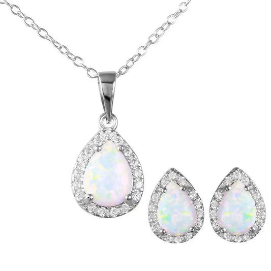 925 Sterling Silver Rhodium Plated Pear Opal Clear CZ Set