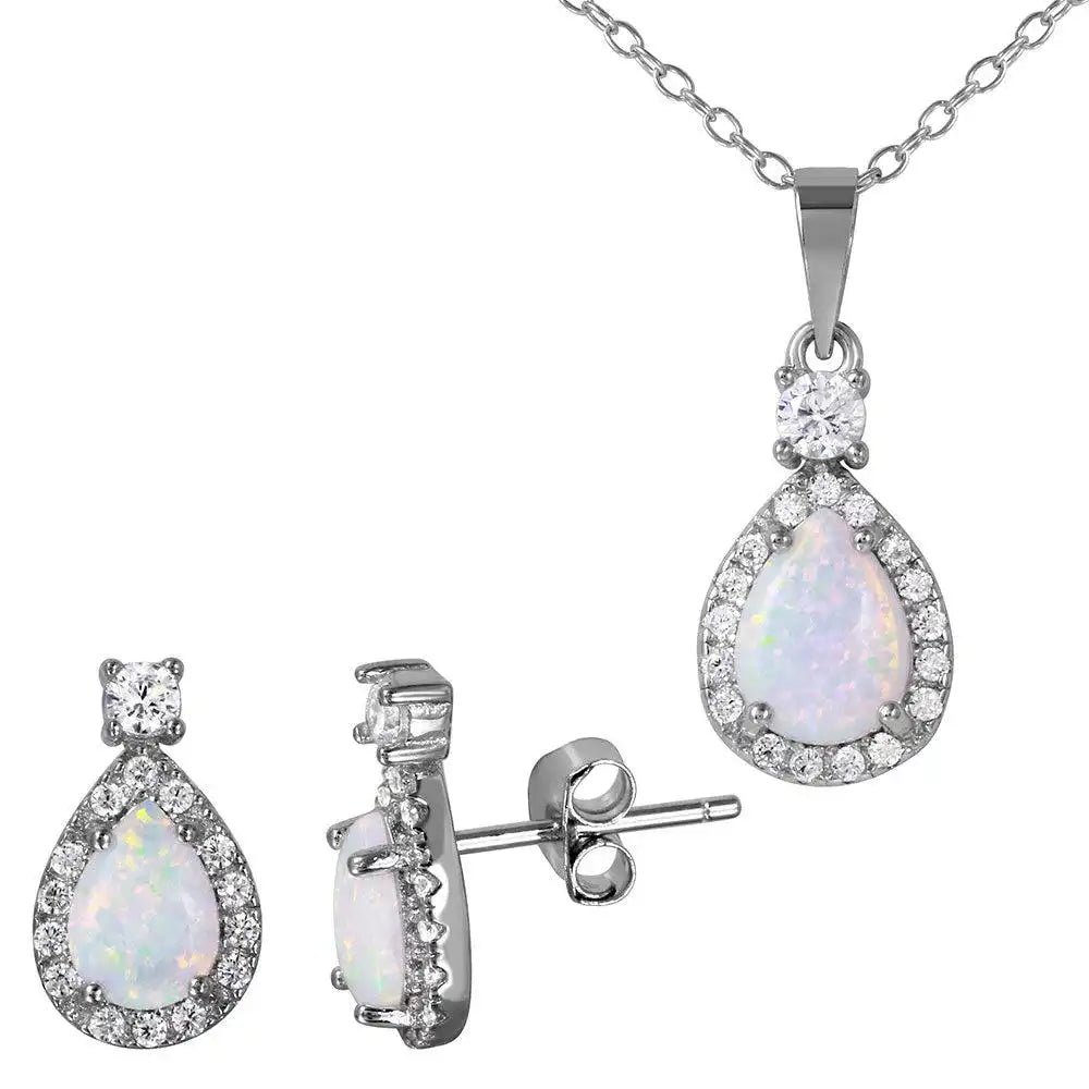 925 Sterling Silver Rhodium Plated Halo Teardrop Set with Synthetic Opal and CZ