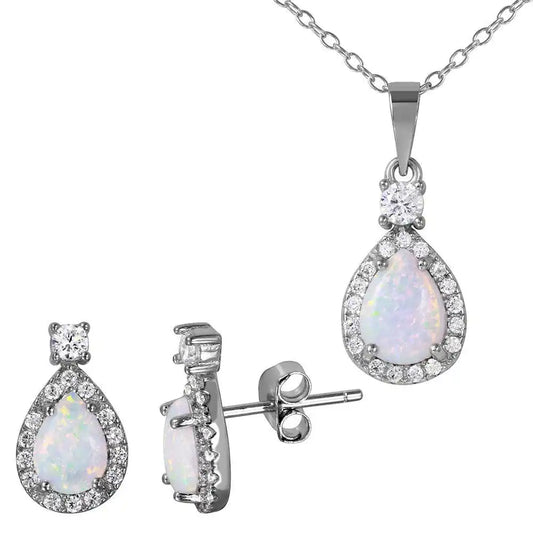 925 Sterling Silver Rhodium Plated Halo Teardrop Set with Synthetic Opal and CZ