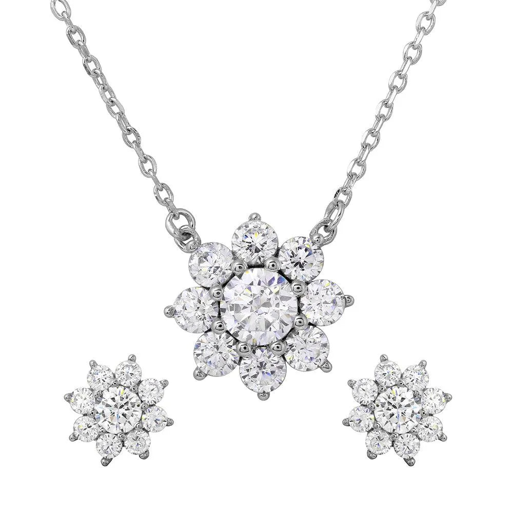 925 Sterling Silver Rhodium Plated Snow Flakes CZ Earrings and Necklace Set