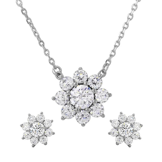 925 Sterling Silver Rhodium Plated Snow Flakes CZ Earrings and Necklace Set