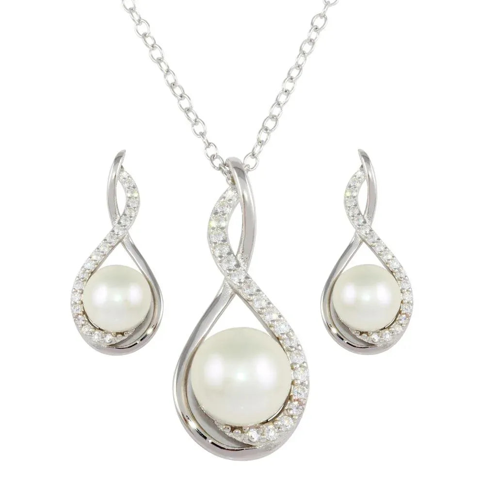 925 Sterling Silver Rhodium Plated Teardrop Necklace and Earring Set with Synthetic Pearl and CZ