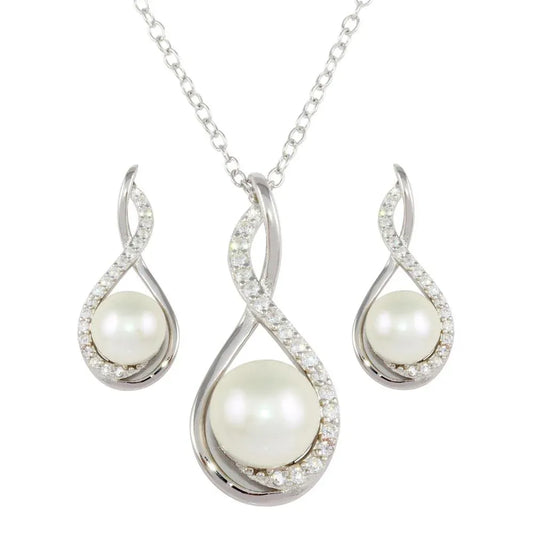 925 Sterling Silver Rhodium Plated Teardrop Necklace and Earring Set with Synthetic Pearl and CZ