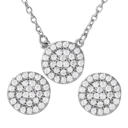 925 Sterling Silver Rhodium Plated CZ Encrusted Round Earrings and Necklace Set
