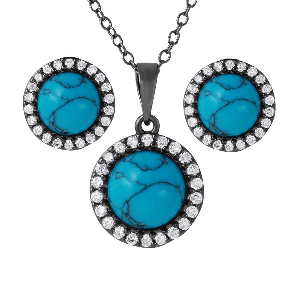 925 Silver Black Rhodium Turquoise Center Stone Halo Set