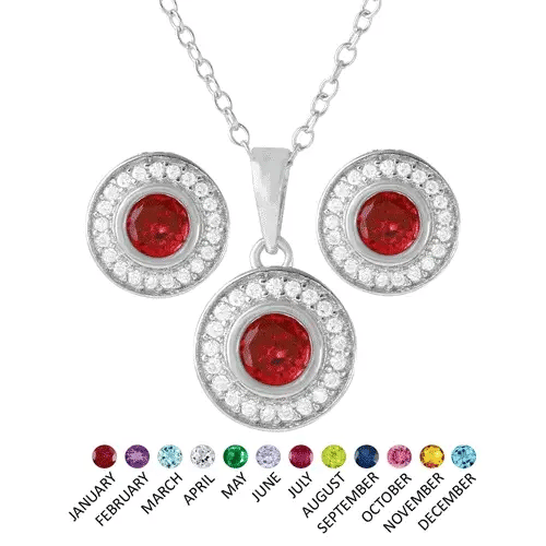 925 Sterling Silver Rhodium Plated Birthstones Halo CZ Sets