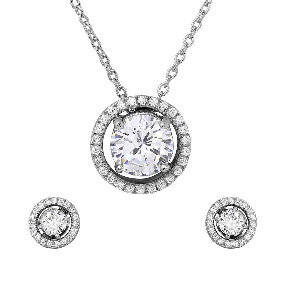 925 Silver Rhodium Plated Halo CZ Round Earrings and Necklace Set