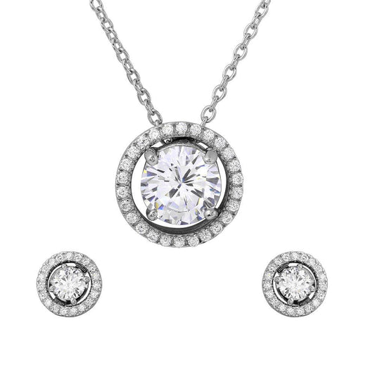 925 Silver Rhodium Plated Halo CZ Round Earrings and Necklace Set