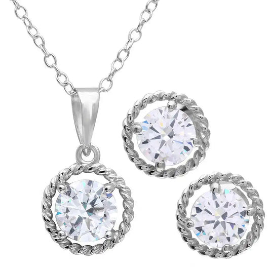 925 Sterling Silver Rhodium Plated Rope Border CZ Center Set