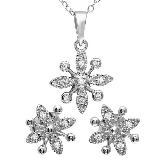925 Sterling Silver Rhodium Plated CZ Flower Set
