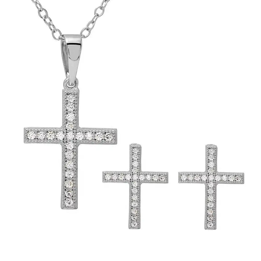 925 Sterling Silver Rhodium Plated CZ Cross Set
