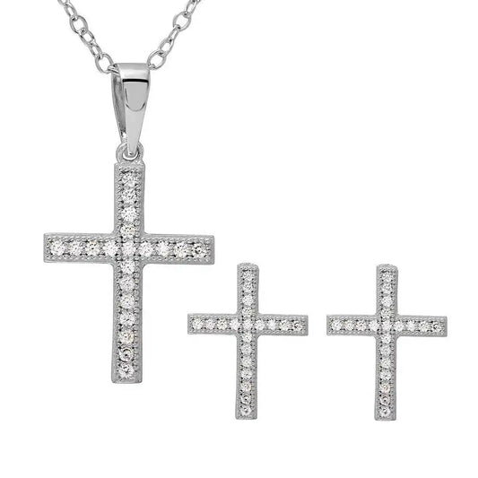 925 Sterling Silver Rhodium Plated CZ Cross Set
