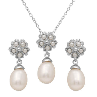 925 Sterling Silver Rhodium Plated Clover Leaf Fresh Water Pearl Set