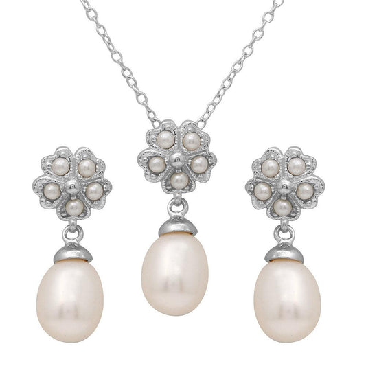 925 Sterling Silver Rhodium Plated Clover Leaf Fresh Water Pearl Set