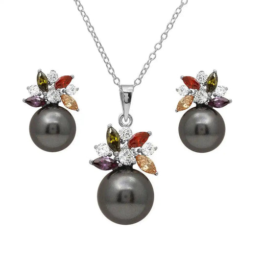 925 Sterling Silver Rhodium Plated Multi CZ Flower Set with Synthetic Black Pearl