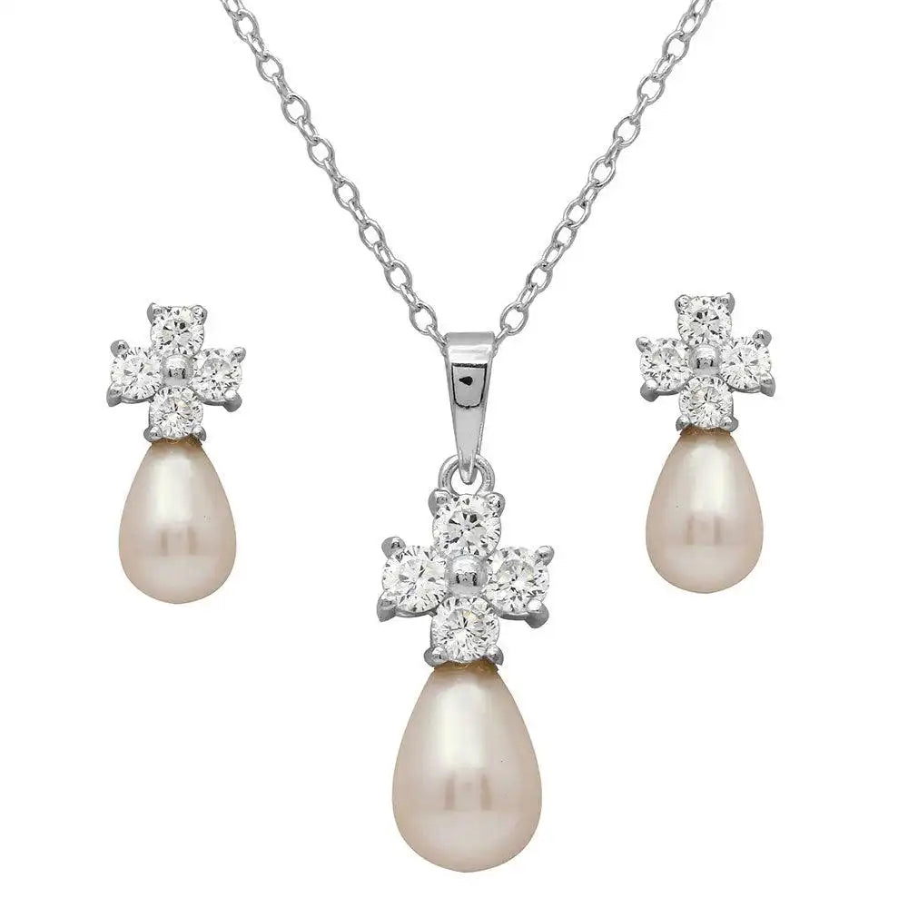 925 Sterling Silver Rhodium Plated CZ Cross Set with Fresh Water Pearl