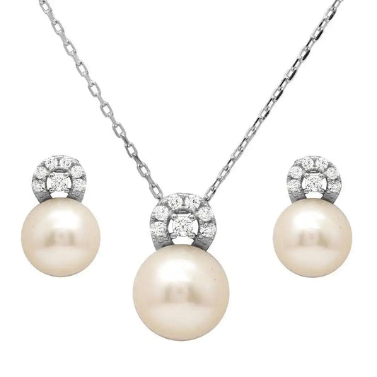 925 Sterling Silver Rhodium Plated Fresh Water Pearl with CZ Stones Sets