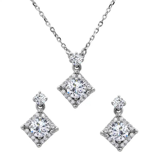 925 Sterling Silver Rhodium Plated Diamond Shape Halo CZ Set