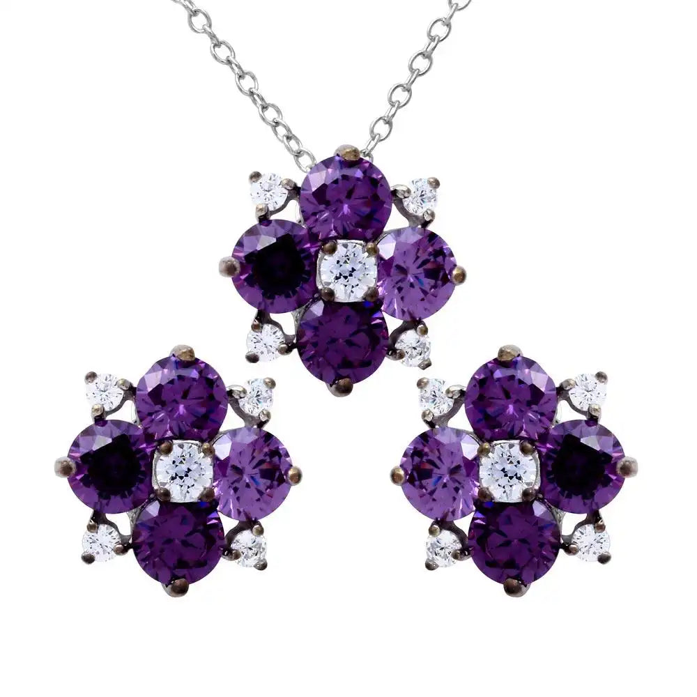 925 Sterling Silver Rhodium Plated Birthstone Flower CZ Sets