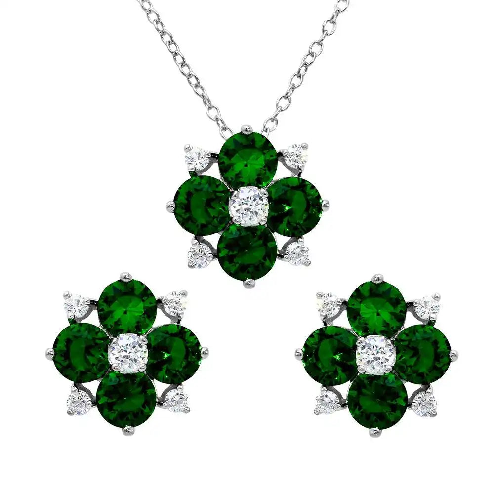 925 Sterling Silver Rhodium Plated Birthstone Flower CZ Sets