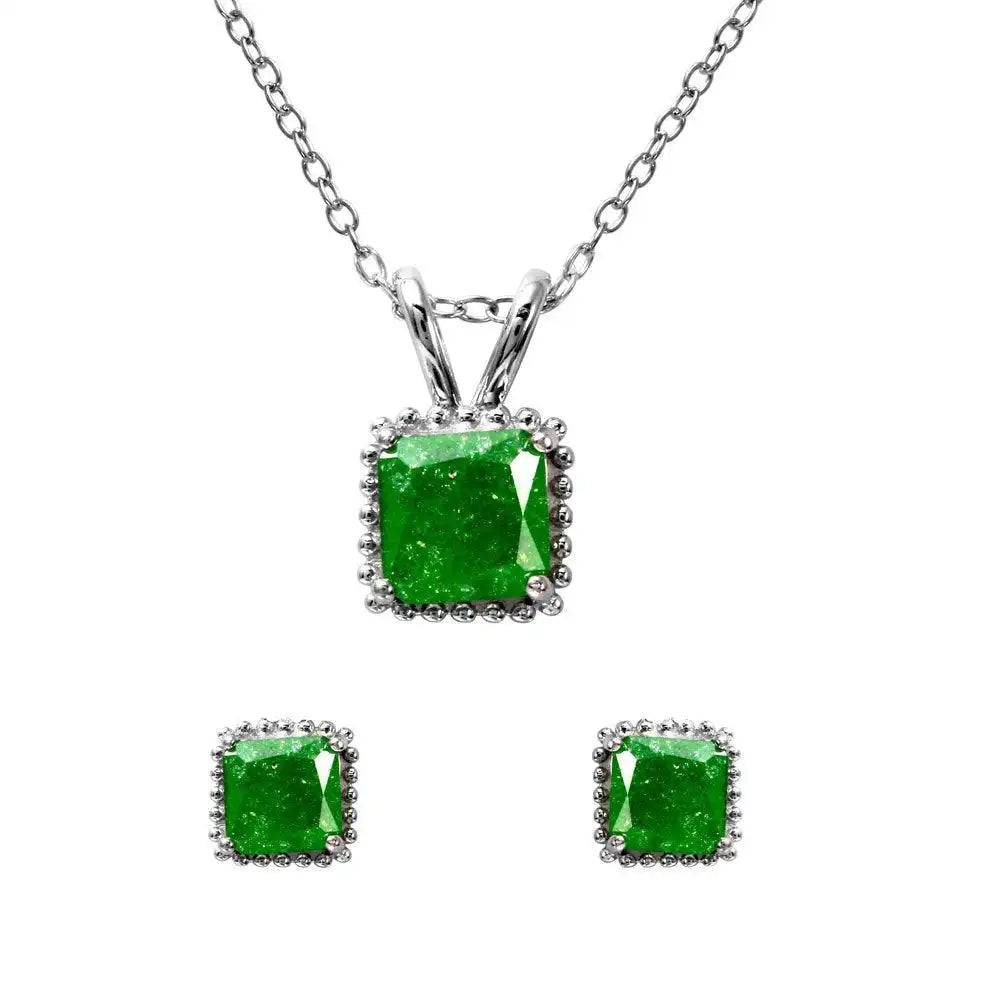925 Sterling Silver Rhodium Plated Square Green Opal Set