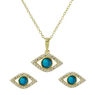 925 Sterling Silver Gold Plated Evil Eye Set with Turquoise Bead and CZ