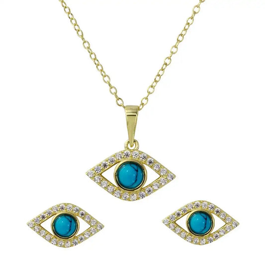 925 Sterling Silver Gold Plated Evil Eye Set with Turquoise Bead and CZ