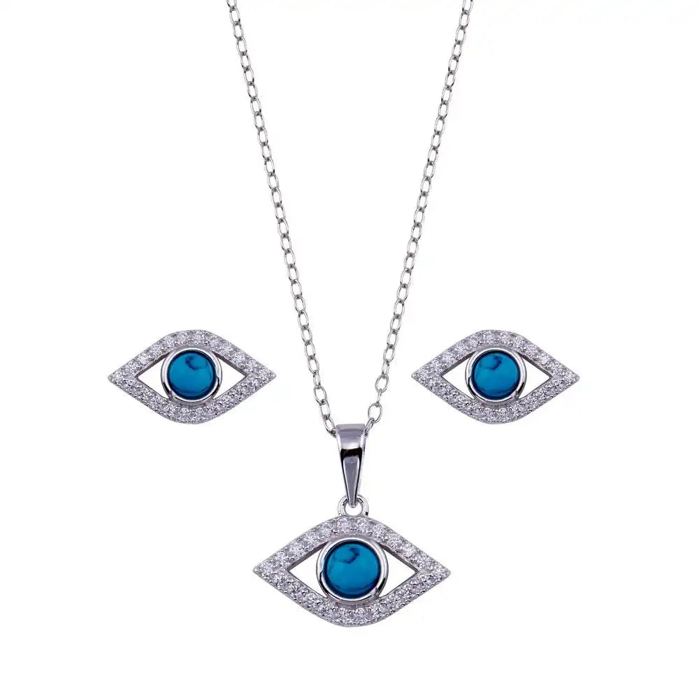 925 Sterling Silver Rhodium Plated Clear CZ Turquoise Evil Eye Set