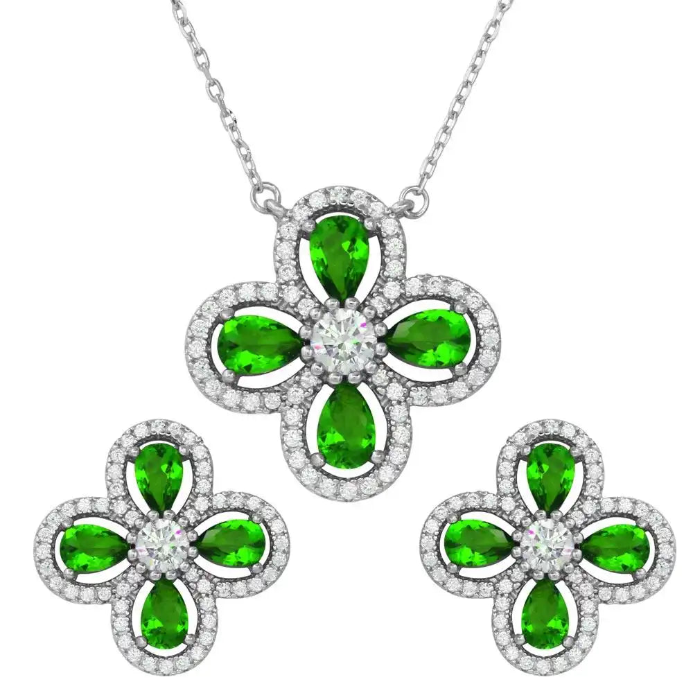 925 Sterling Silver Rhodium Plated 4 Leaf Clover with Green Teardrop and Clear Round CZ