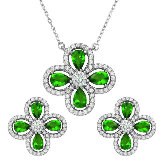 925 Sterling Silver Rhodium Plated 4 Leaf Clover with Green Teardrop and Clear Round CZ