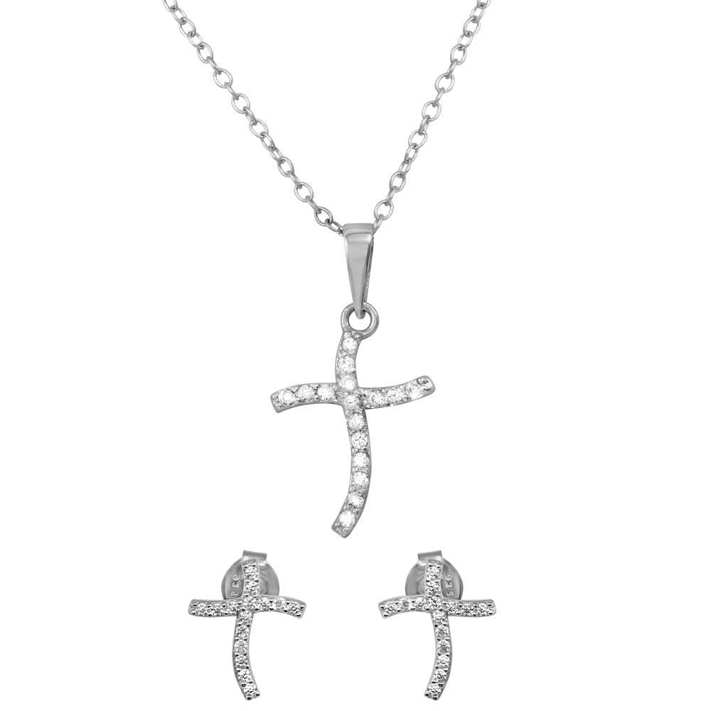 925 Sterling Silver Rhodium Plated Wavy CZ Cross Set