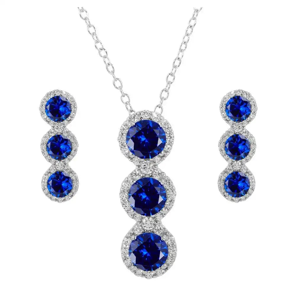 925 Sterling Silver Rhodium Plated 3 Blue Stone CZ Stud Earring and Necklace Set
